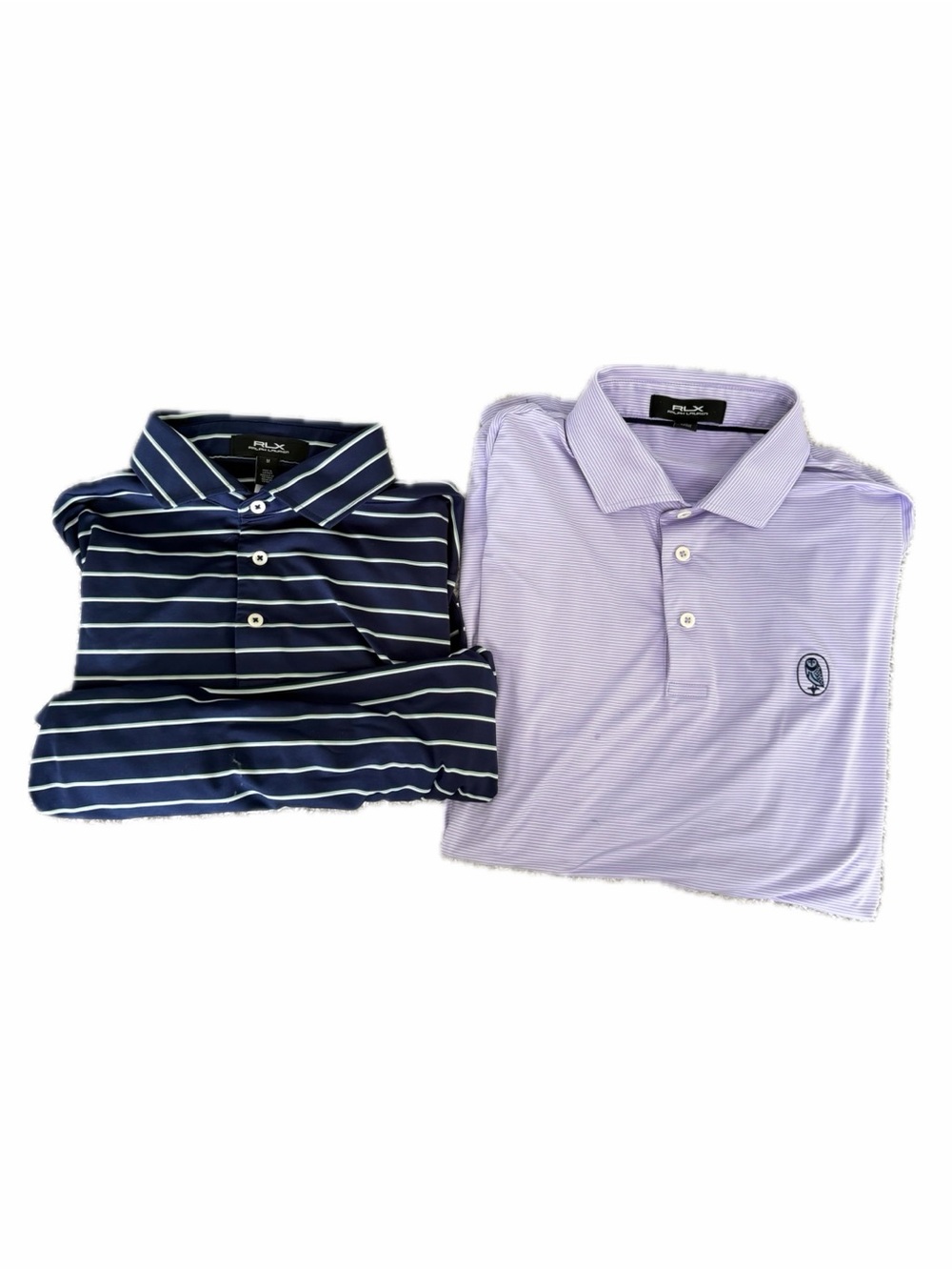 RLX RALPH LAUREN Bundle of 2 Golf Polos Navy Blue Purple (flaws - see details)